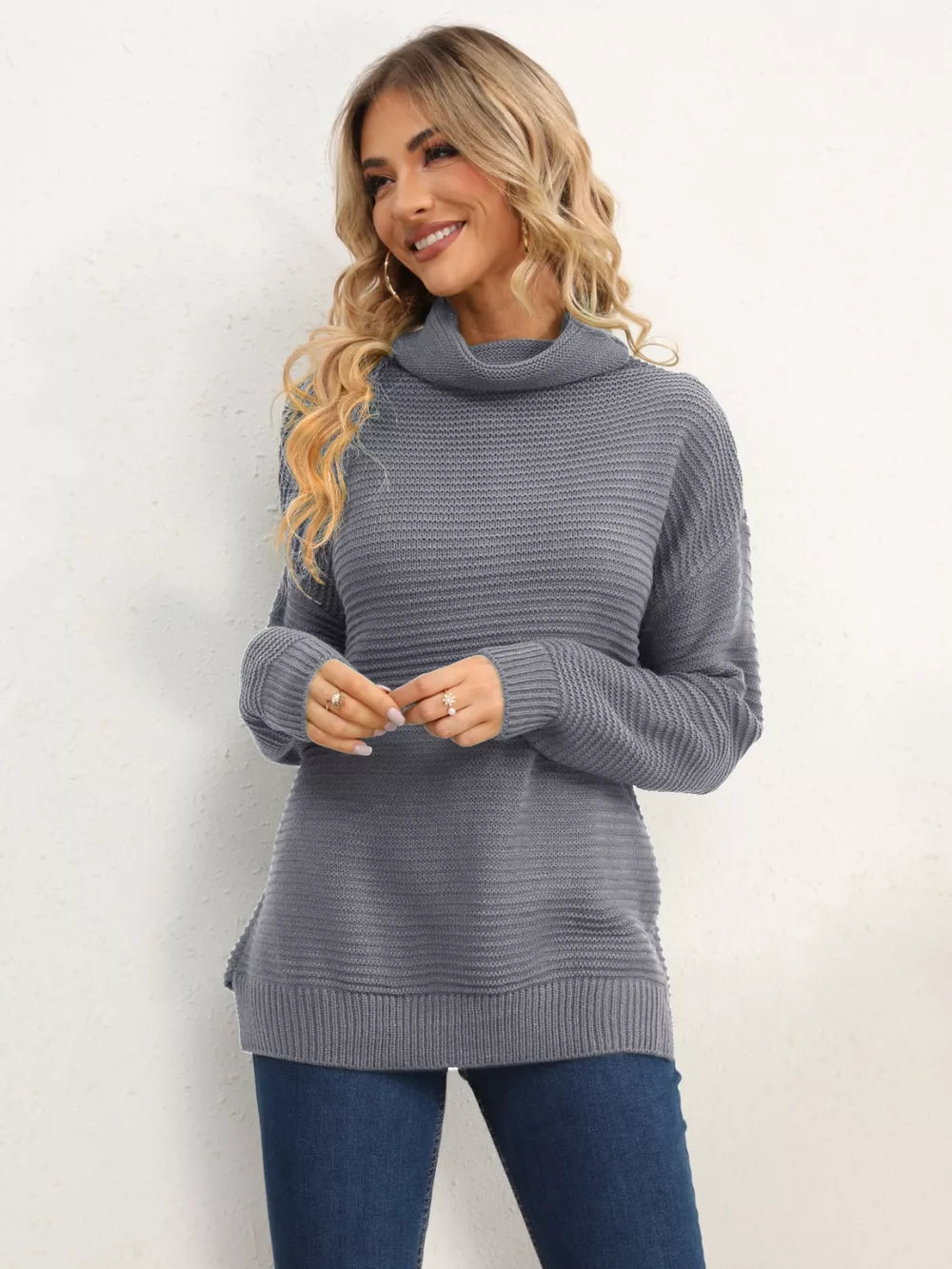 Slit Turtleneck Dropped Shoulder Sweater Trendsi