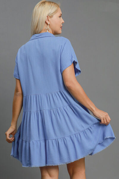 Umgee Full Size Raw Hem Folded Sleeve Tiered Dress Plus Size OutfitFlow