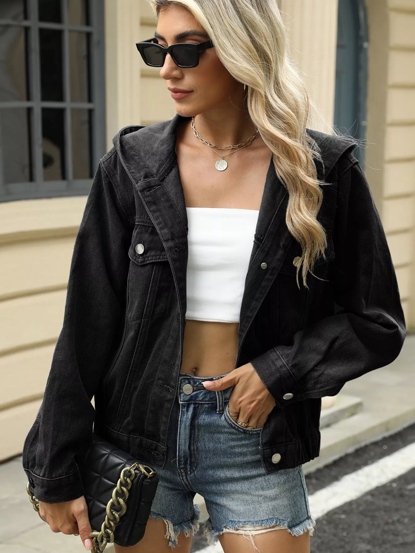 Washed Button Up Hooded Denim Jacket OutfitFlow