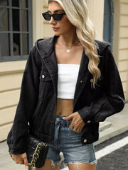 Washed Button Up Hooded Denim Jacket OutfitFlow