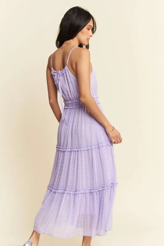 Davi & Dani Texture Swiss Dot Ruffle Square Neck Midi Dress OutfitFlow