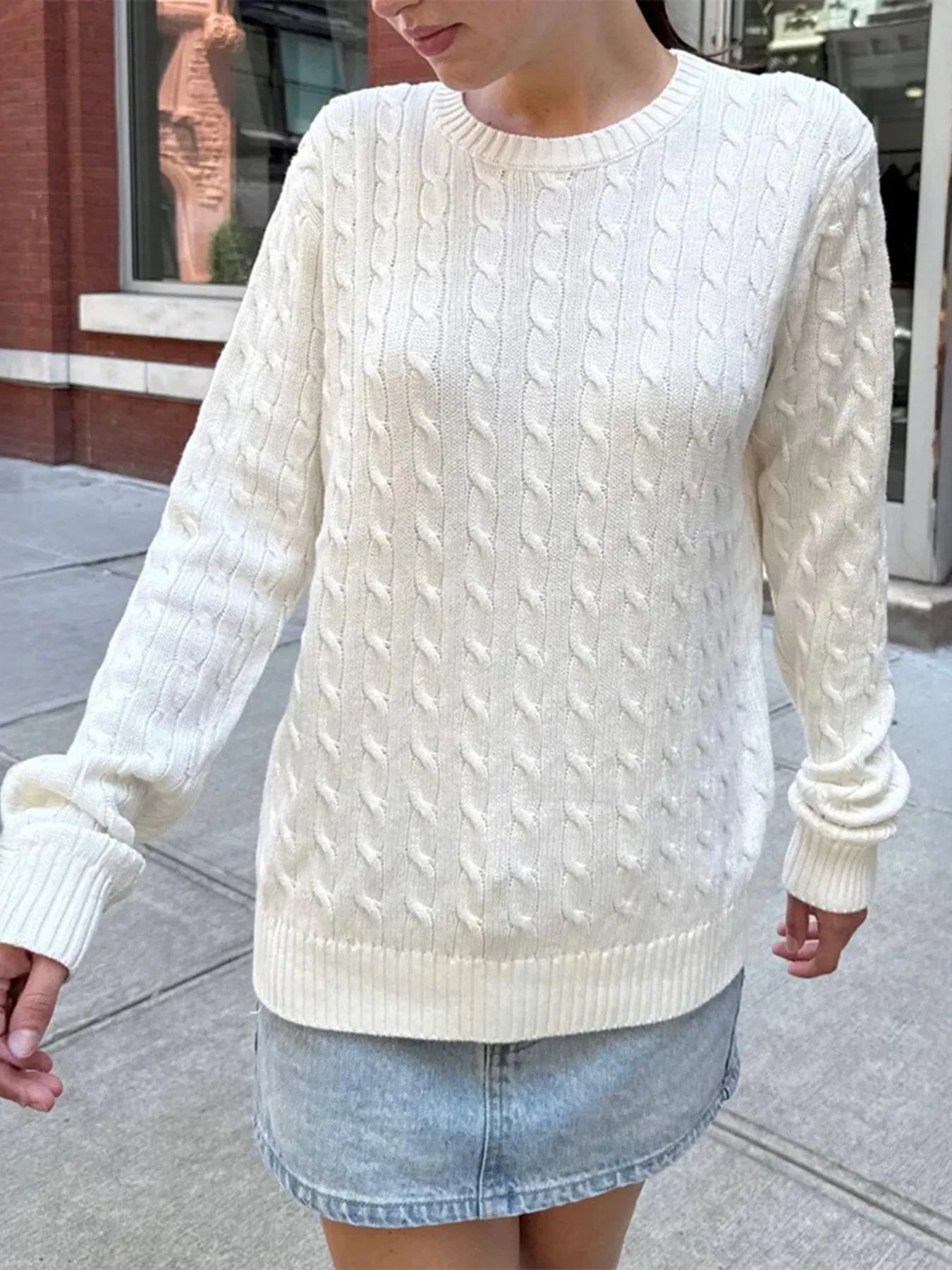 Cable-Knit Round Neck Pullover Sweater OutfitFlow