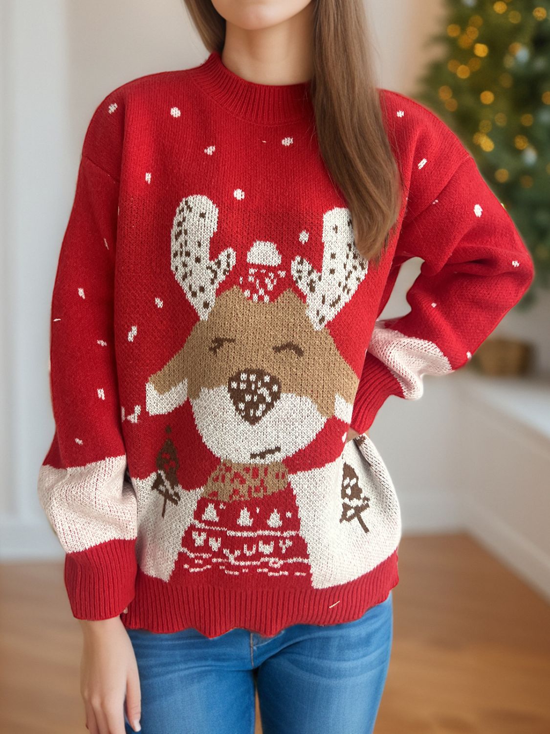 Outfit Flow - Reindeer Mock Neck Long Sleeve Sweater