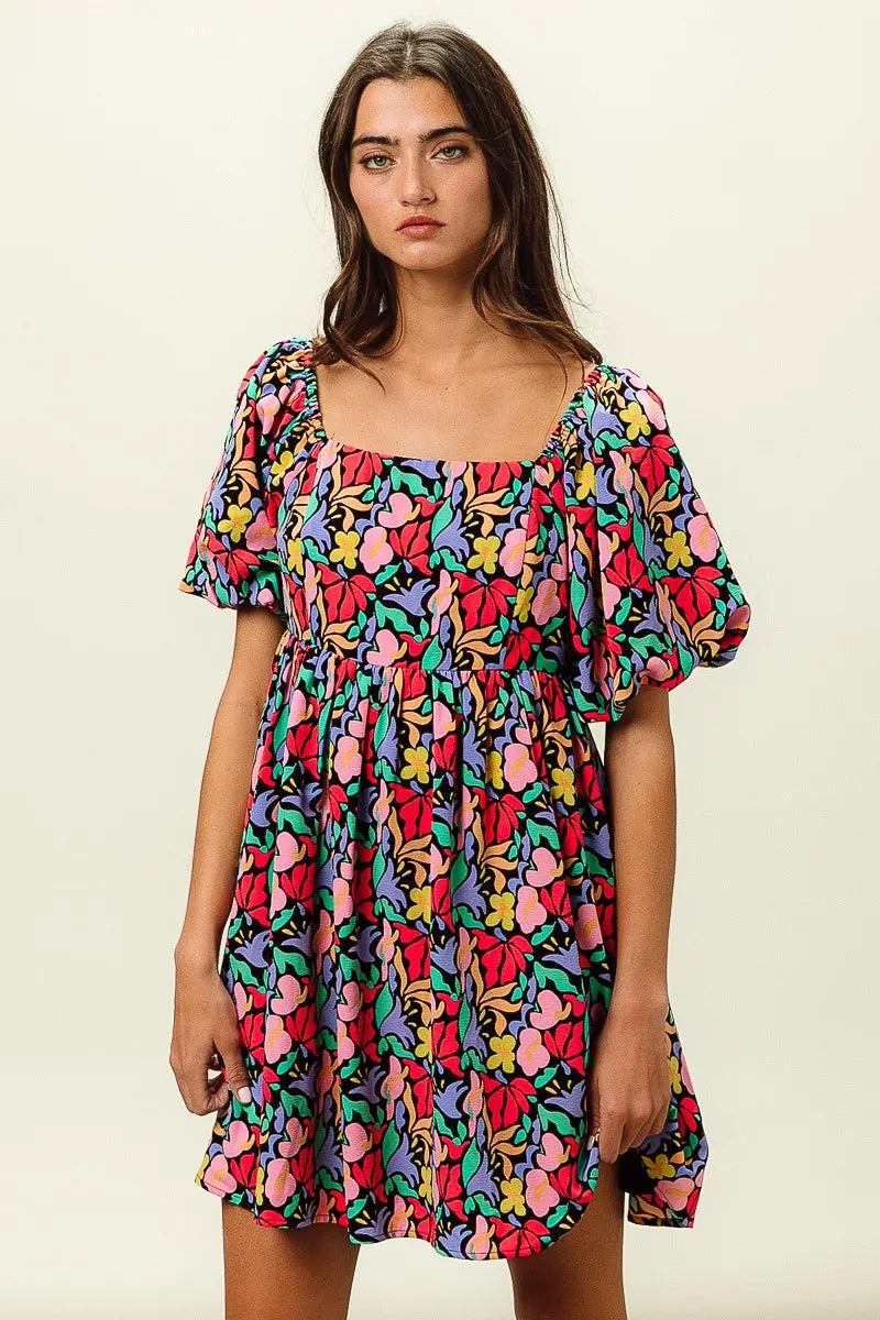 BiBi Floral Print Puff Square Neck Dress OutfitFlow