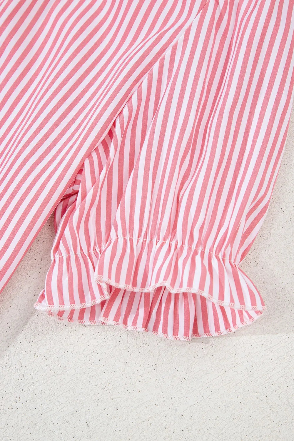 Stripe Notched Neck Frilled Short Puff Sleeve Blouse OutfitFlow
