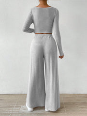 Ribbed Knit Crop Top and Wide Leg Pants Set OutfitFlow
