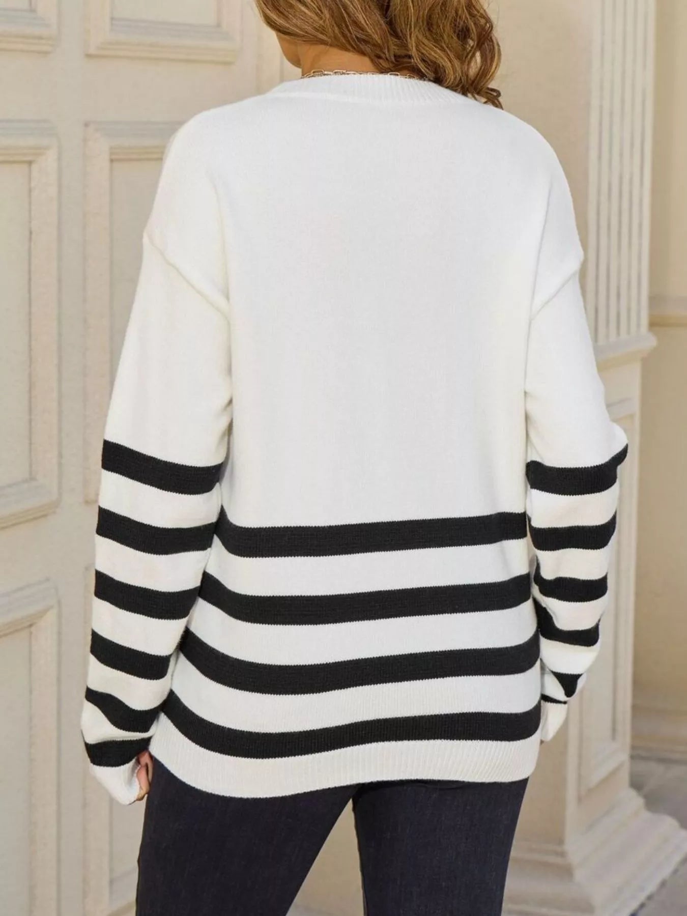 Striped Trim Crew Neck Sweater Trendsi