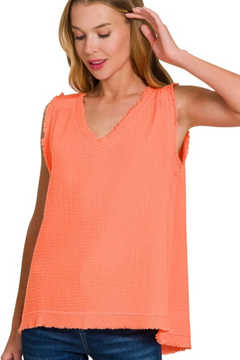 Zenana Double Gauze Raw Edge V-Neck Tank CORAL OutfitFlow