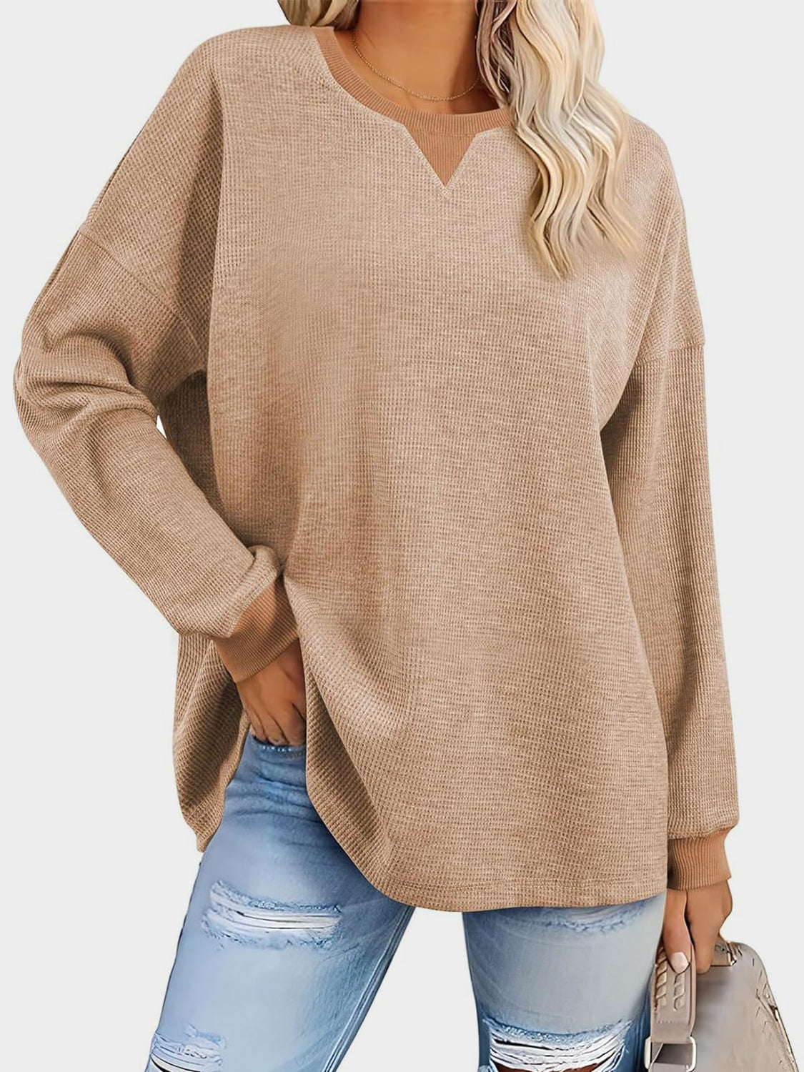 Outfit Flow - Waffle Knit Round Neck Long Sleeve T-Shirt