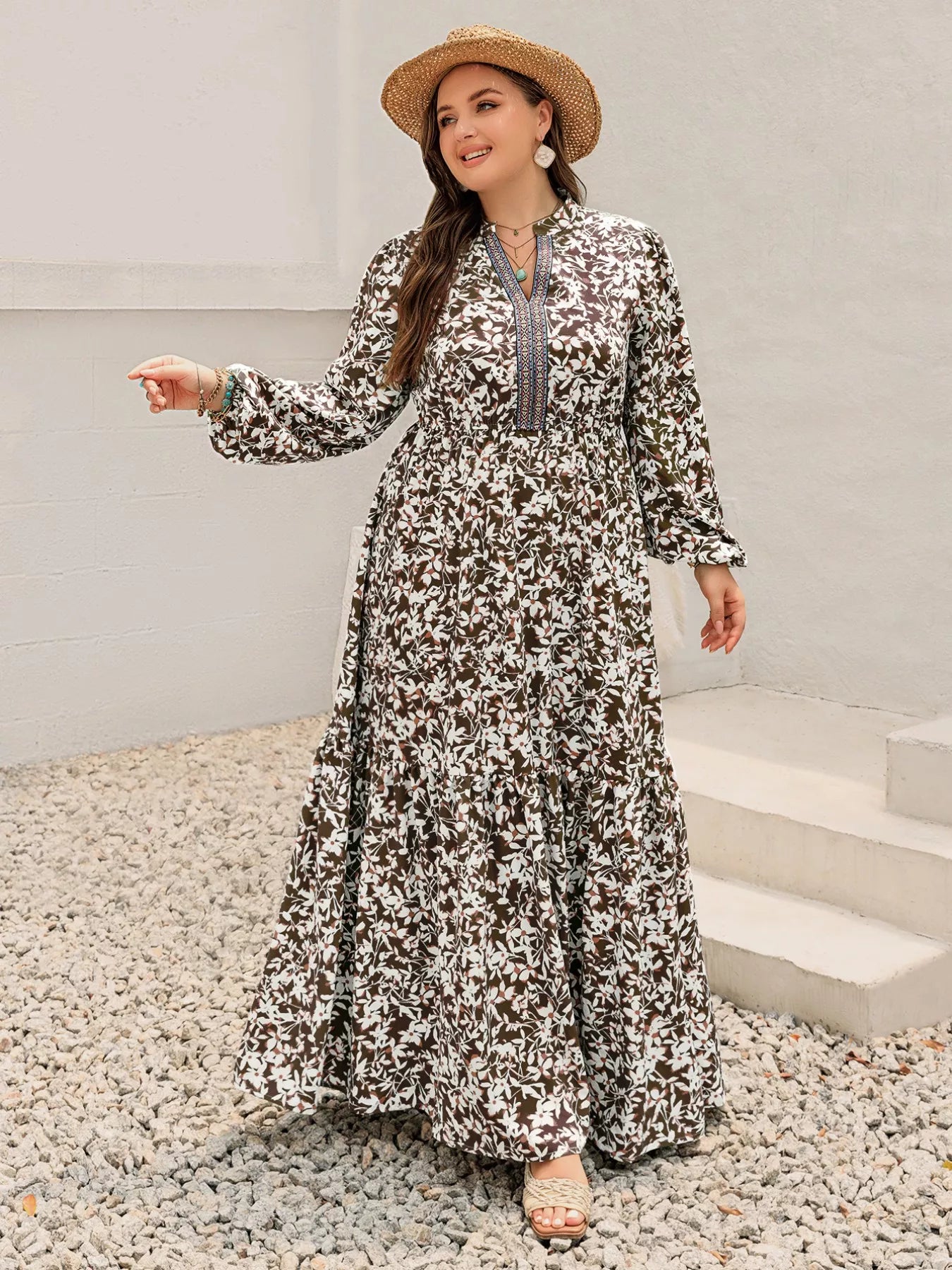 Plus Size Floral Print Long Sleeve Maxi Dress OutfitFlow