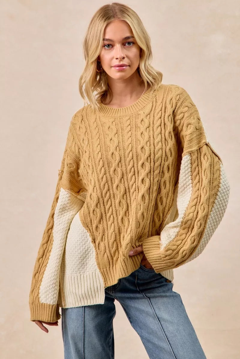 BiBi Cable Knit With Hacci Combo Sweater With Uneven Hem Detail LT MUSTARD IVORY Trendsi