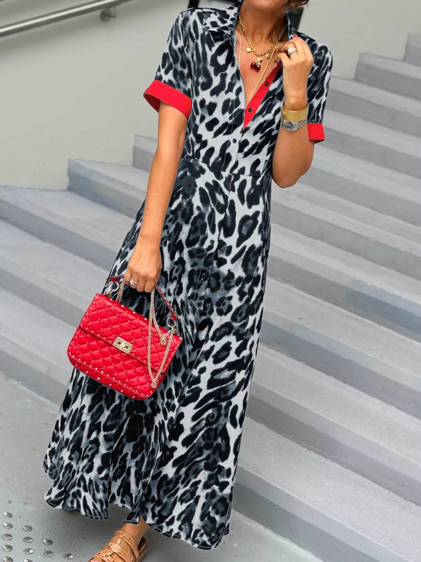 Leopard Print Button-Down Dress with Contrast Trim OutfitFlow