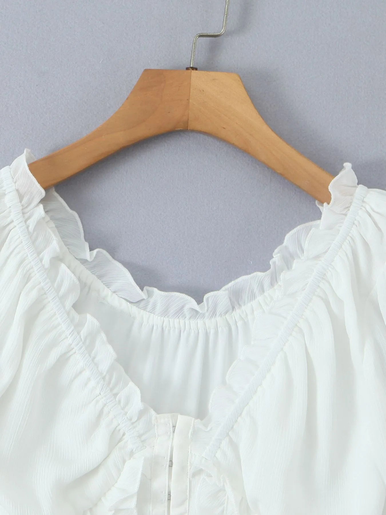 Frill V-Neck Puff Sleeve Blouse OutfitFlow