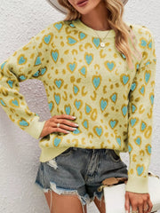 Heart Round Neck Long Sleeve Sweater OutfitFlow