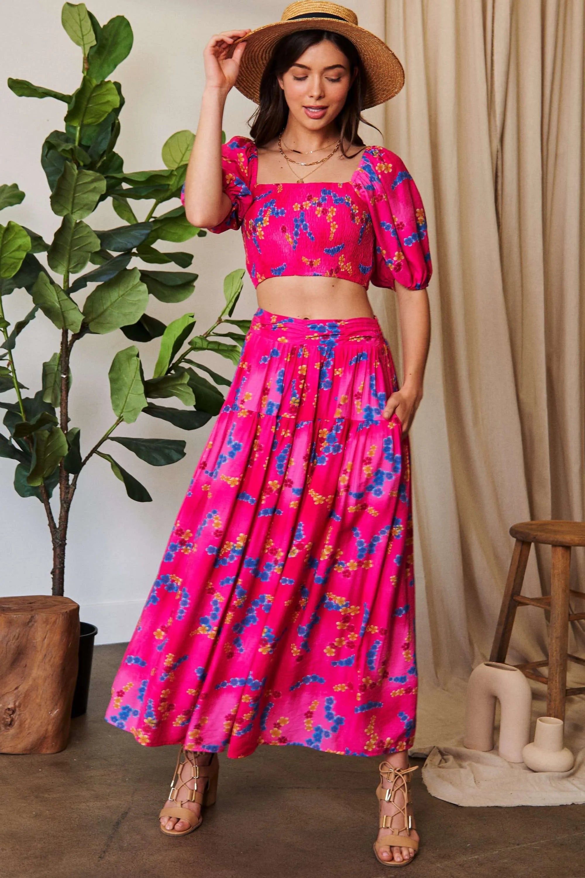 Davi & Dani Smocing Bodice Puff Short Sleeve Printed Crop Top OutfitFlow