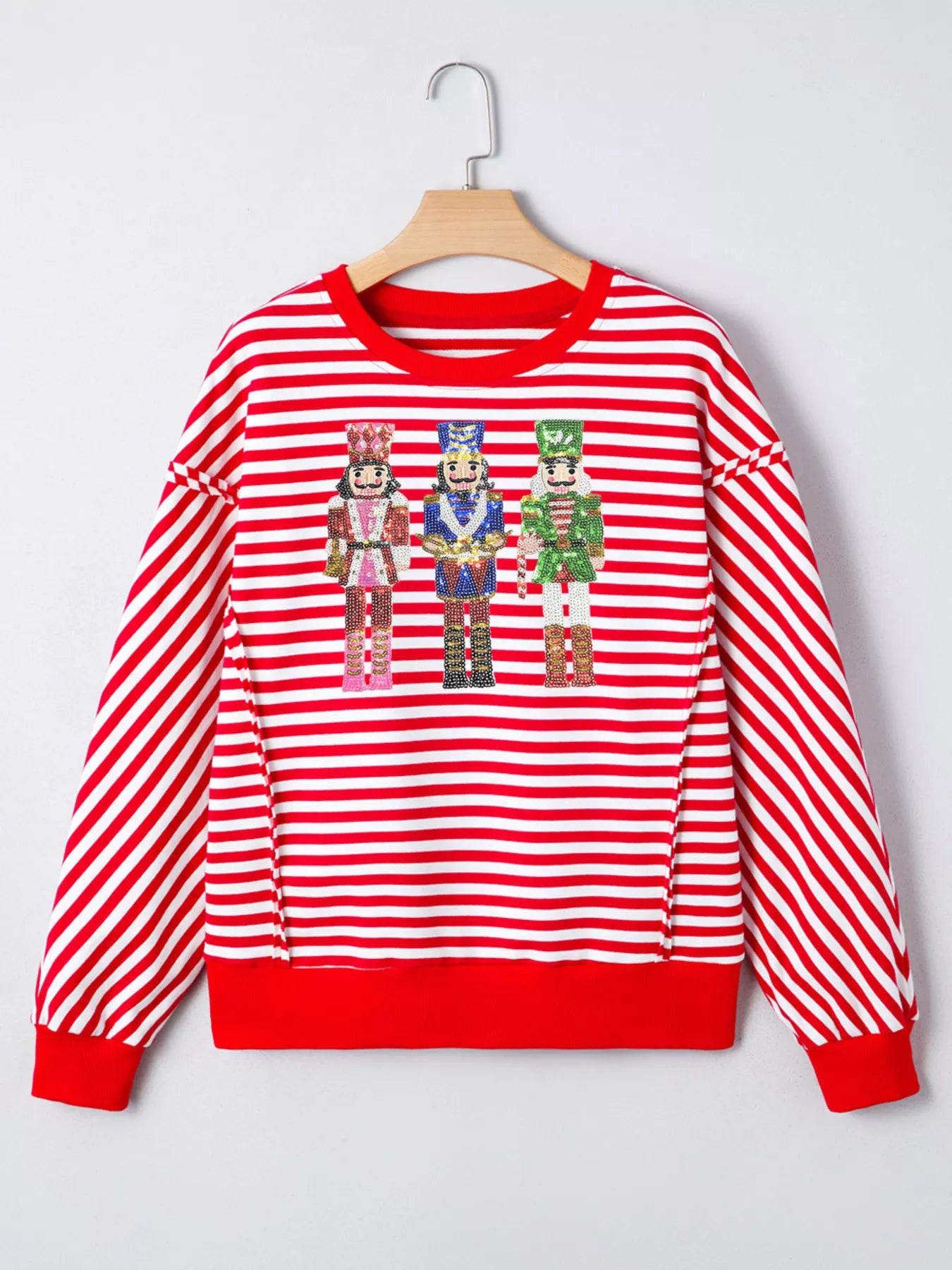 Stripe Christmas Nutcracker Sequin Patched Drop Shoulder Top OutfitFlow