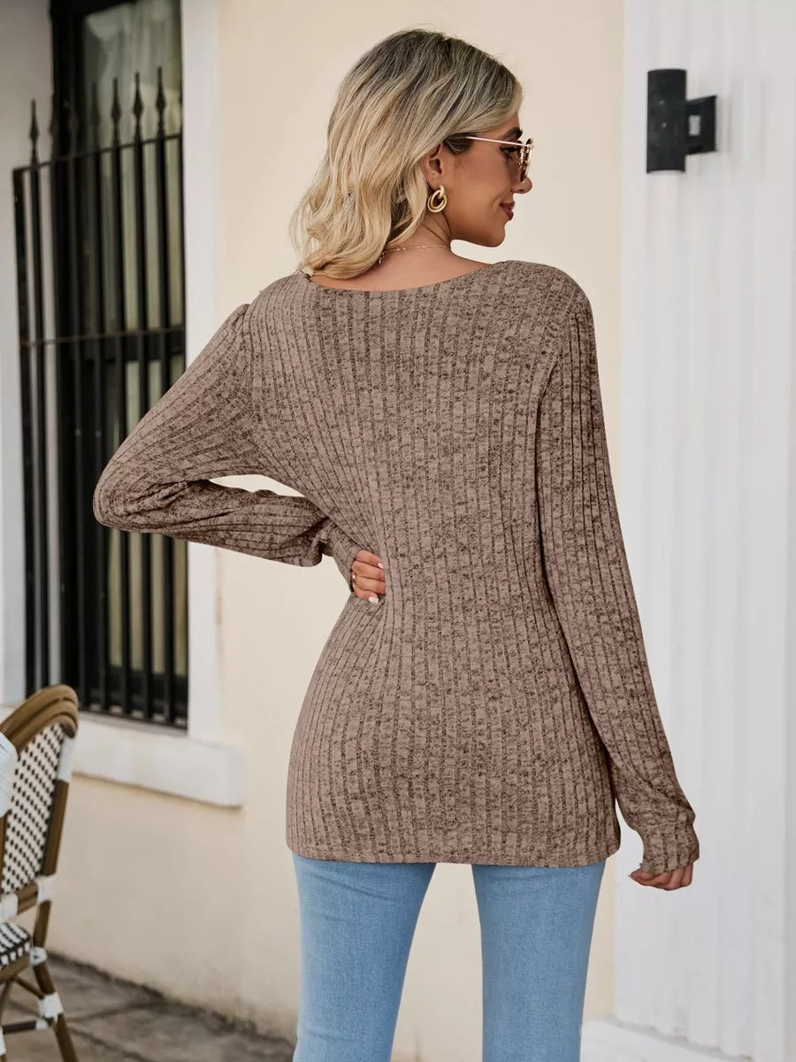Ribbed Square Neck Long Sleeve T-Shirt Trendsi