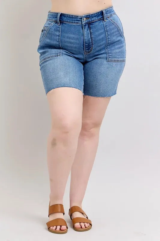 Judy Blue Full Size Mid Rise Bermudas Denim Shorts W/ Back Flap Pockets Plus Size OutfitFlow