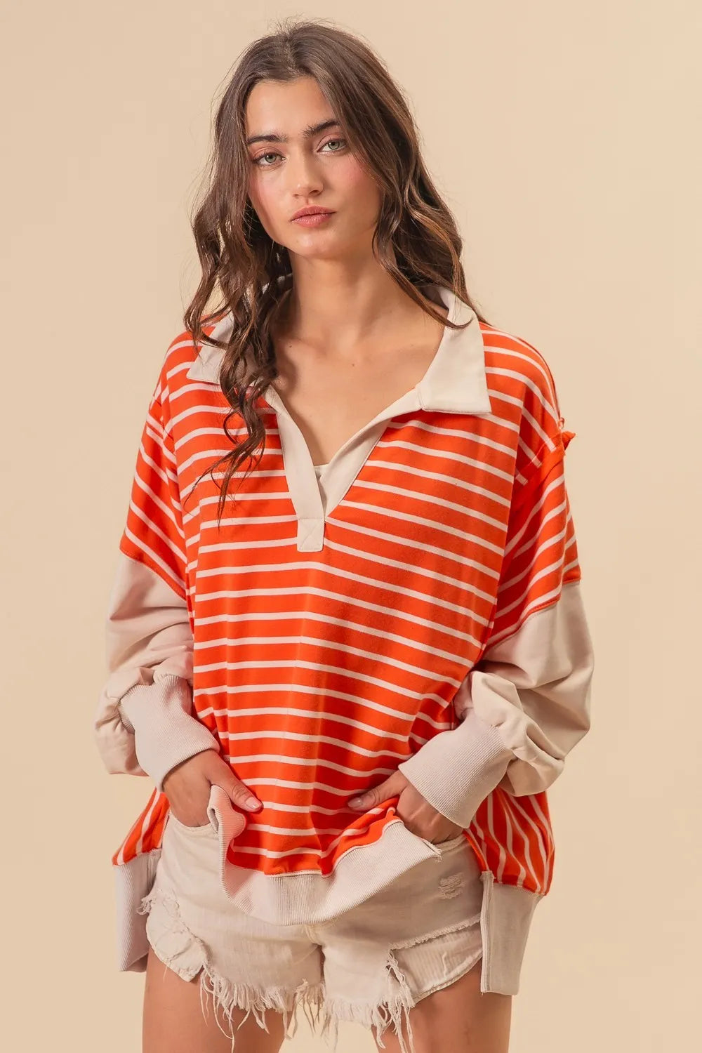 BiBi Stripe Knit Loose Fit Top With Cut Edge Detail OutfitFlow