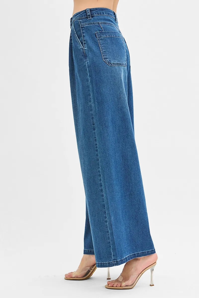 RISEN Mid Rise Fit Wide Leg Knit Denim Look Jeans OutfitFlow