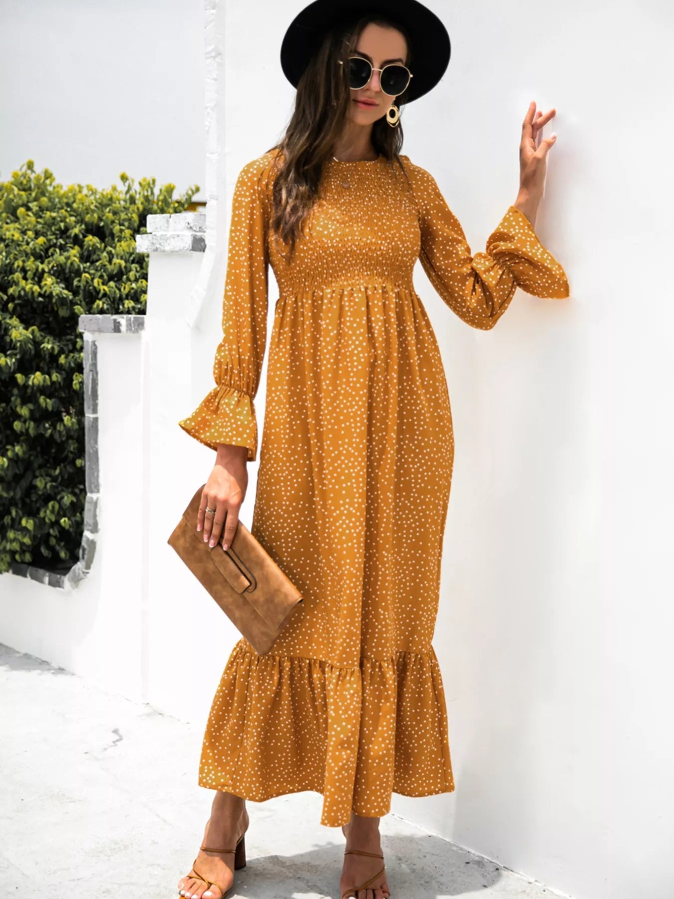 Ruffled Printed Long Sleeve Maxi Dress OutfitFlow