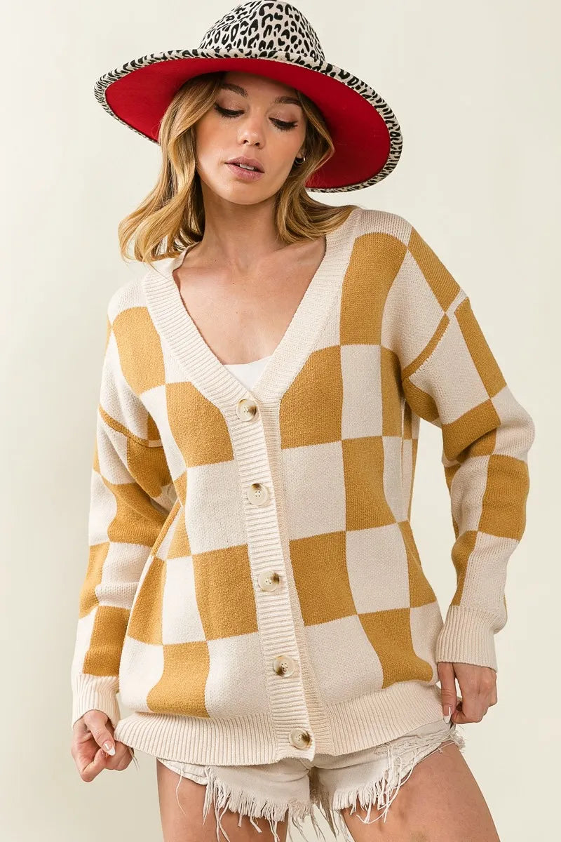 BiBi Checked V-neck Cardigan OutfitFlow