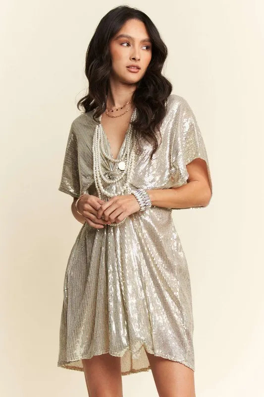Davi & Dani Sequin Plunge Neck Knot Cut Out Tie Back Party Dress OutfitFlow