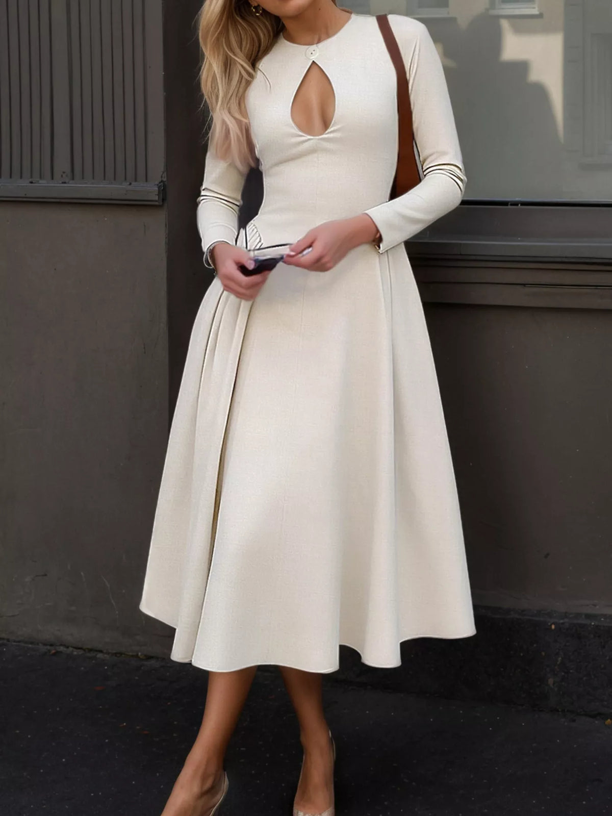 Cutout Front Long Sleeve A-Line Dress Cream OutfitFlow