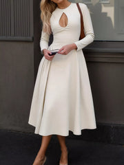 Cutout Front Long Sleeve A-Line Dress Cream OutfitFlow