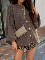 Oversized Knit Button-Down Batwing Sleeve Cardigan Coffee Brown OutfitFlow