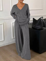 Plus Size Relaxed Fit V-Neck Top and Pants Set Dark Gray OutfitFlow