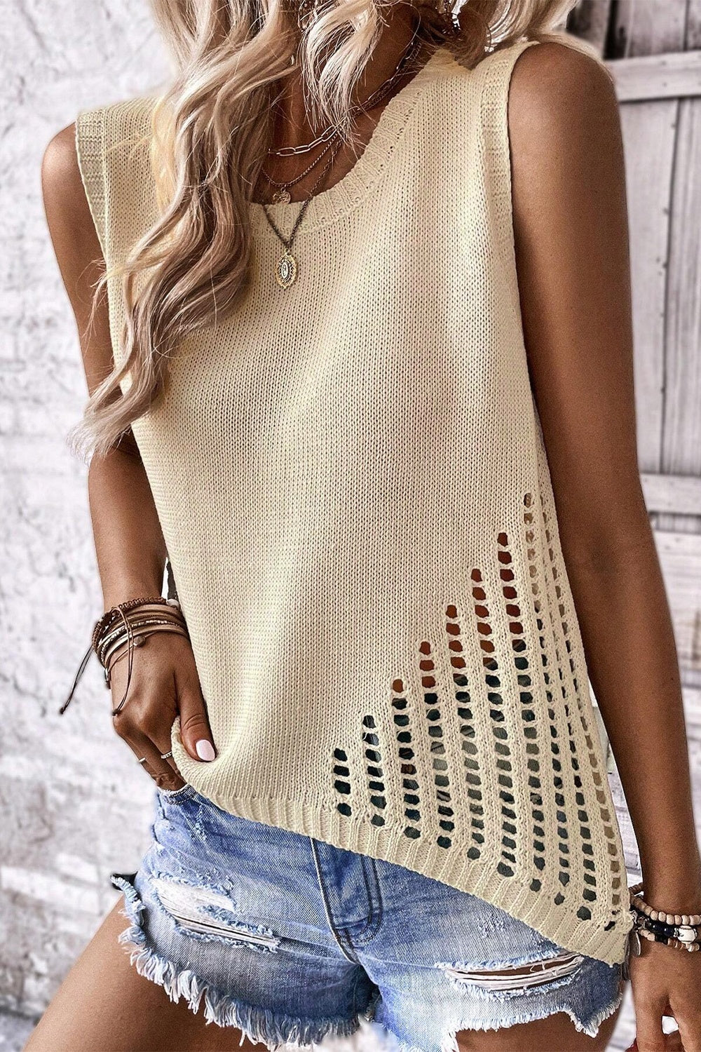 Openwork Round Neck Knit Vest