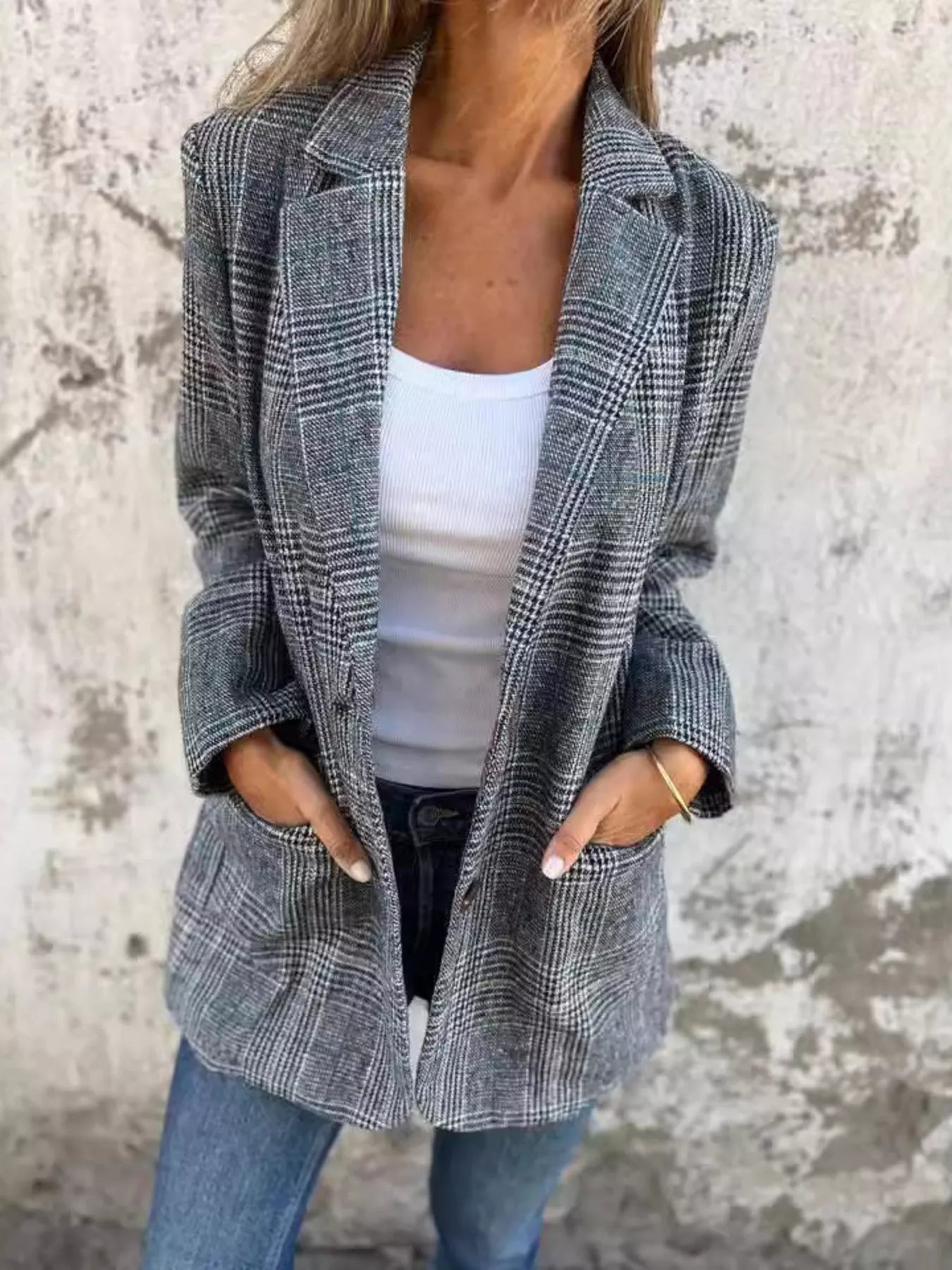Full Size Plaid Single-Breasted Long Sleeve Blazer Plus Size Trendsi