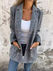 Full Size Plaid Single-Breasted Long Sleeve Blazer Plus Size Trendsi