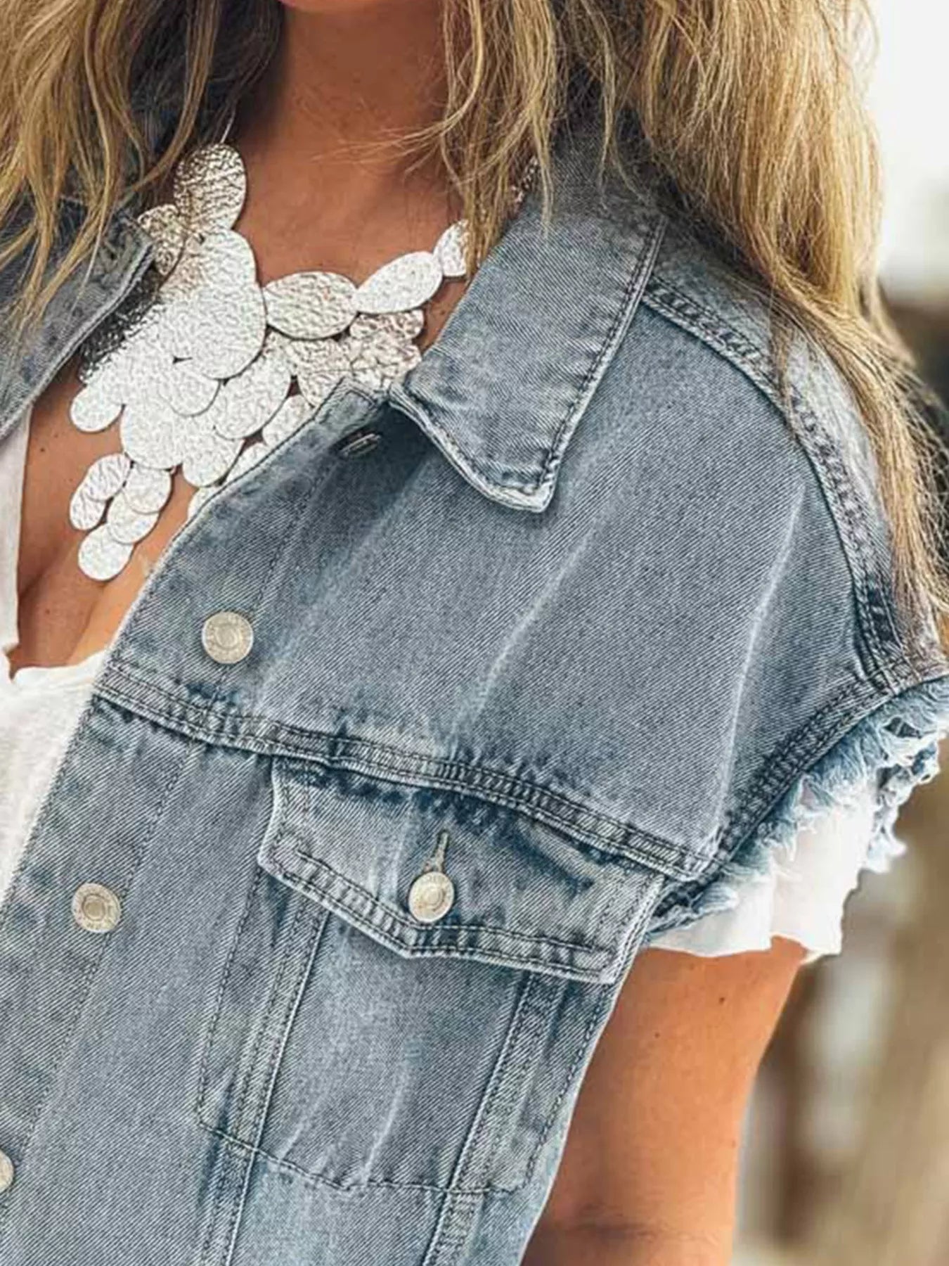 Button Flap Pocket Frayed Detail Denim Vest OutfitFlow