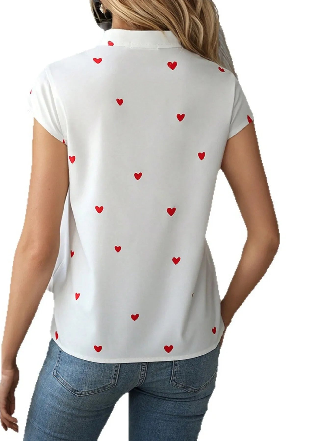 Heart Print Cap Sleeve Button-Up Shirt OutfitFlow