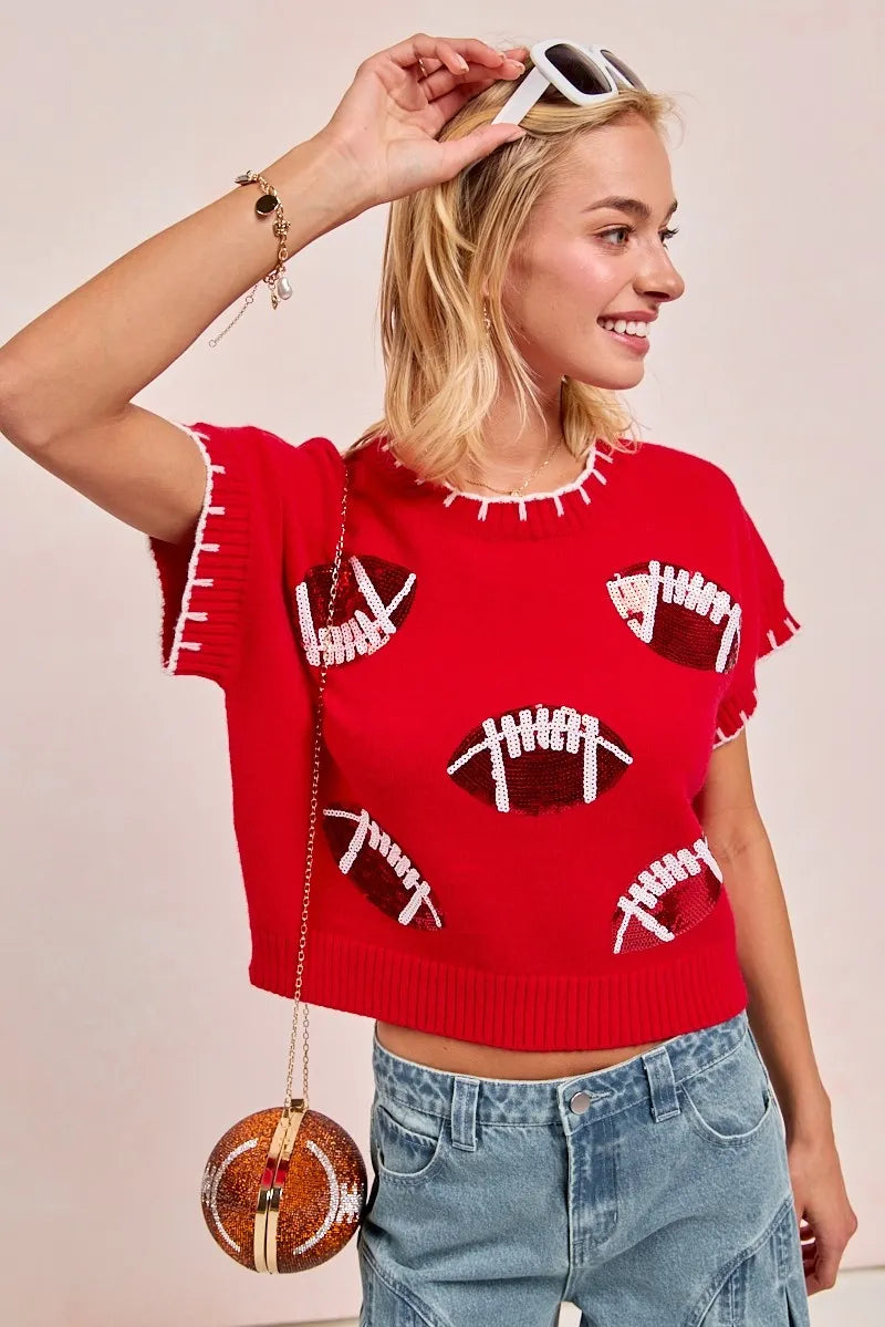 BiBi Gameday Sequin Football Embroidered Stitch Sweater OutfitFlow