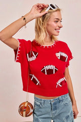 BiBi Gameday Sequin Football Embroidered Stitch Sweater OutfitFlow