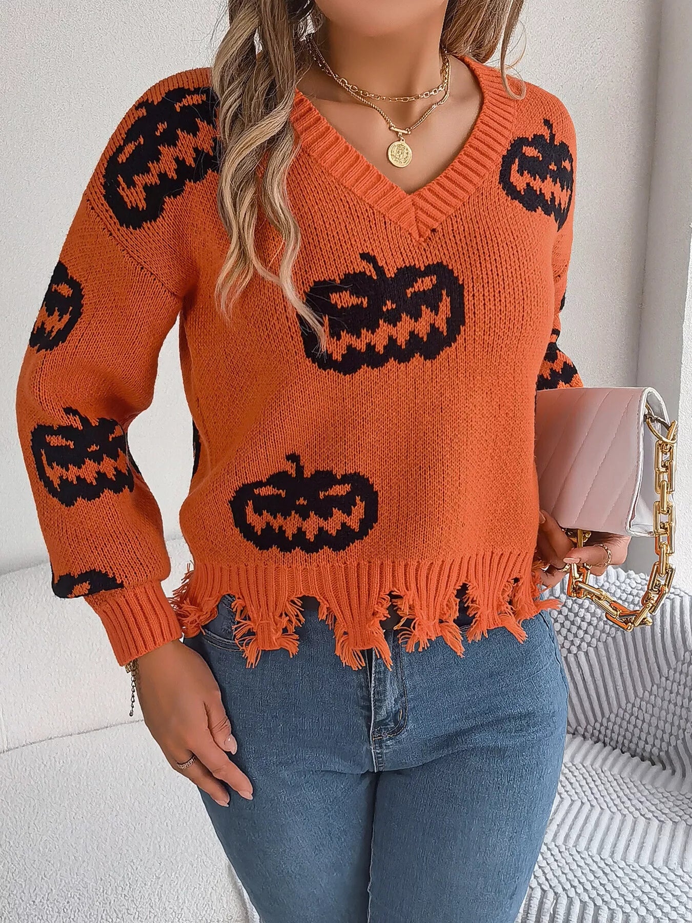 Halloween Pumpkin Pattern Raw Hem V-Neck Sweater Orange OutfitFlow