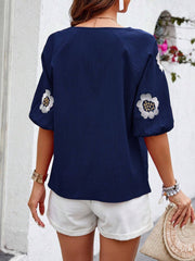 Embroidered Tie Neck Puff Sleeve Blouse OutfitFlow
