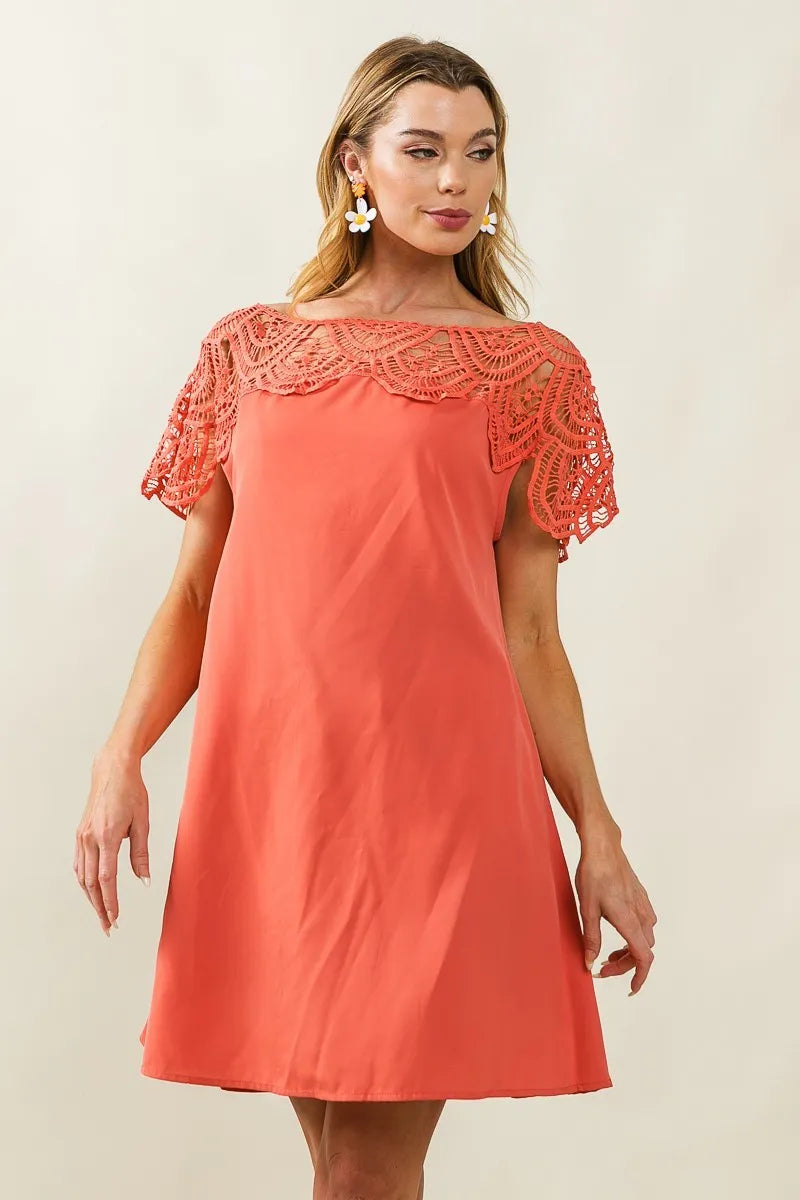 BiBi Crochet Lace Yoke Detailed Wrinkled Dress OutfitFlow