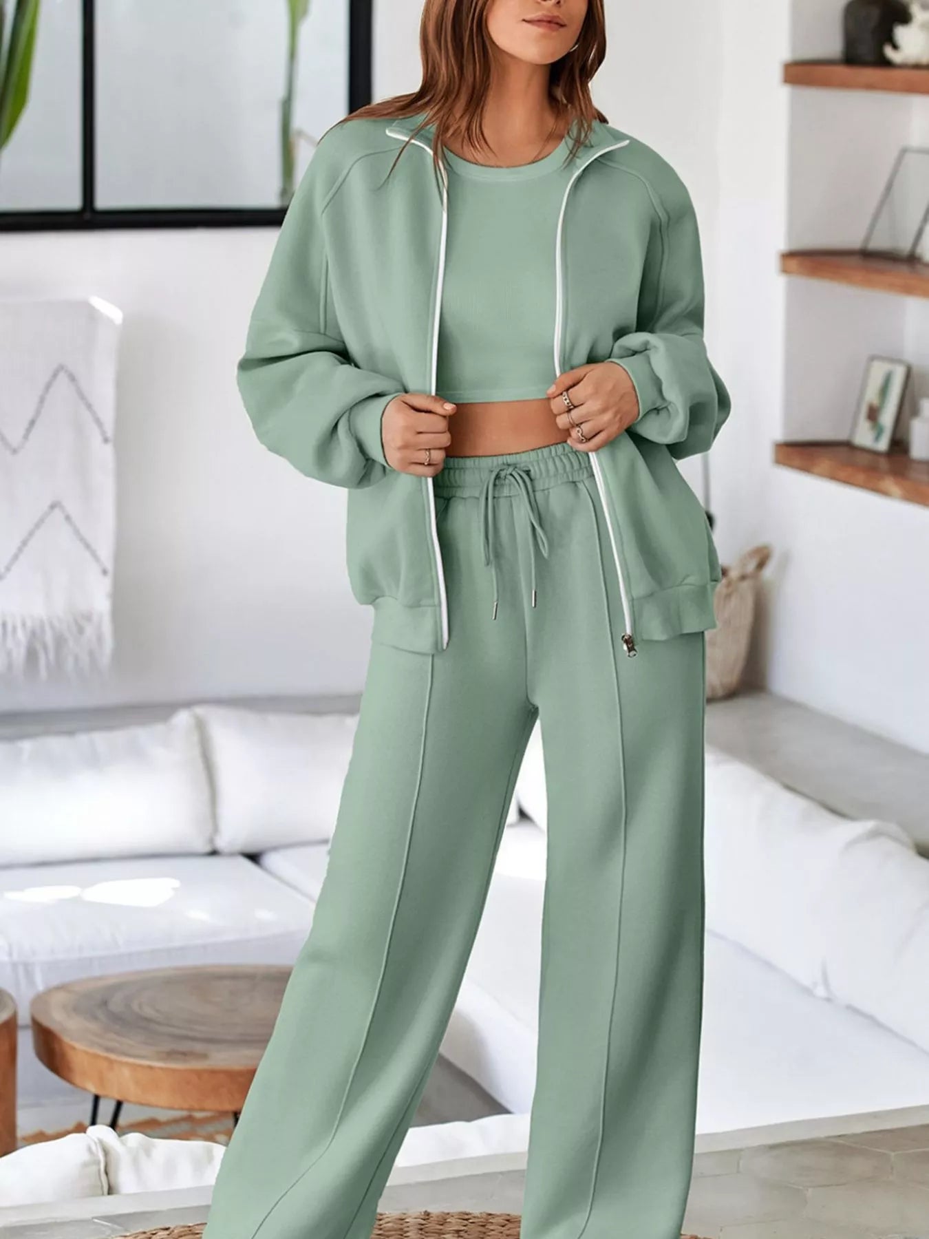 Drop Shoulder Zip Up Jacket and Drawstring Pants Active 2pcs Set Sage OutfitFlow