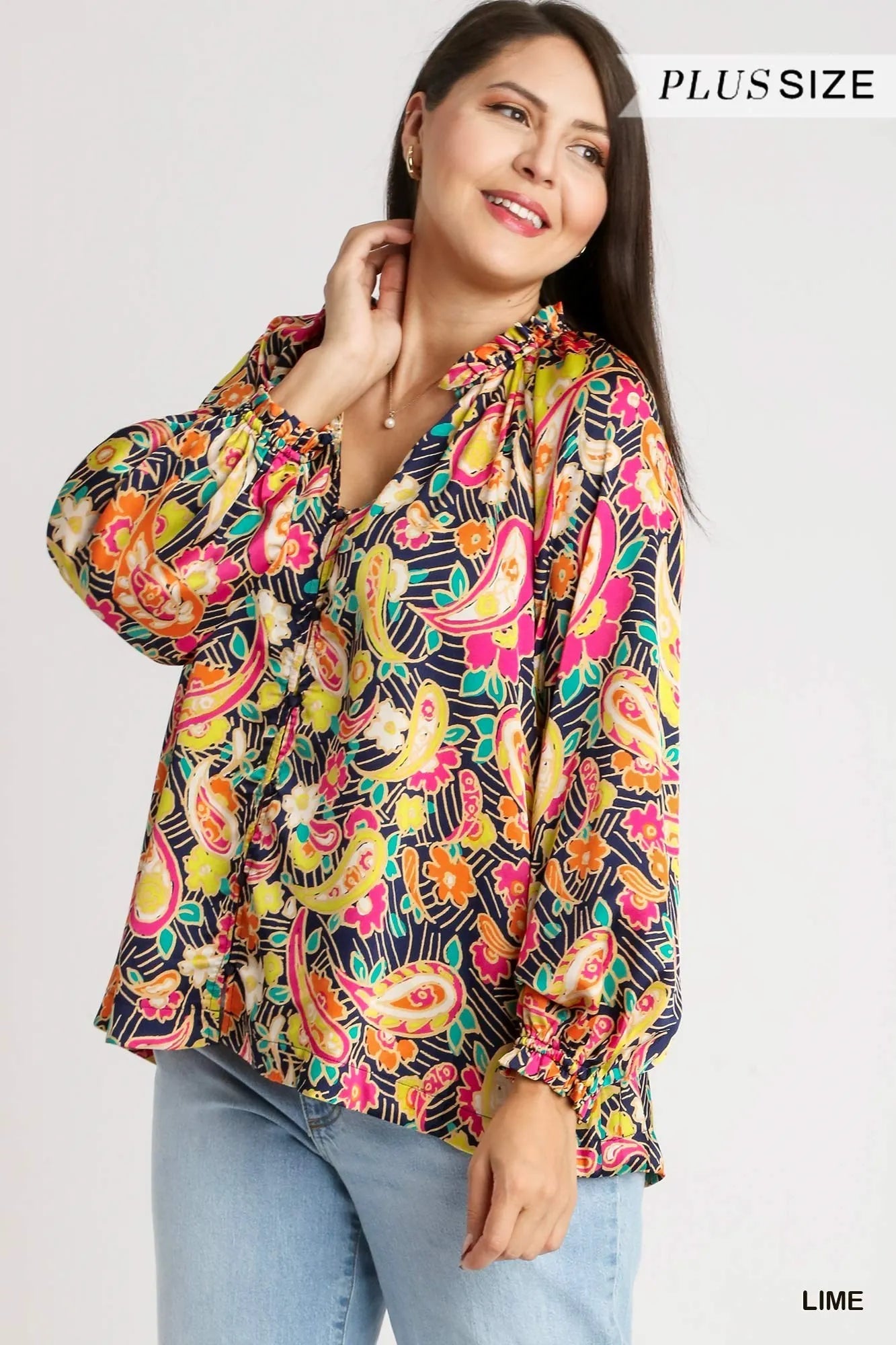Umgee Full Size Satin Paisley Ruffle Neck Button-Up Shirt Plus Size Trendsi