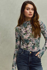 SO ME Floral Print Mesh Knit Long Sleeves Top OutfitFlow