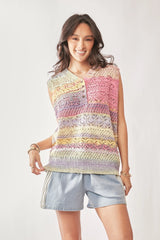 Davi & Dani Multi Color Crochet Sleeveless Knit Vest Top OutfitFlow