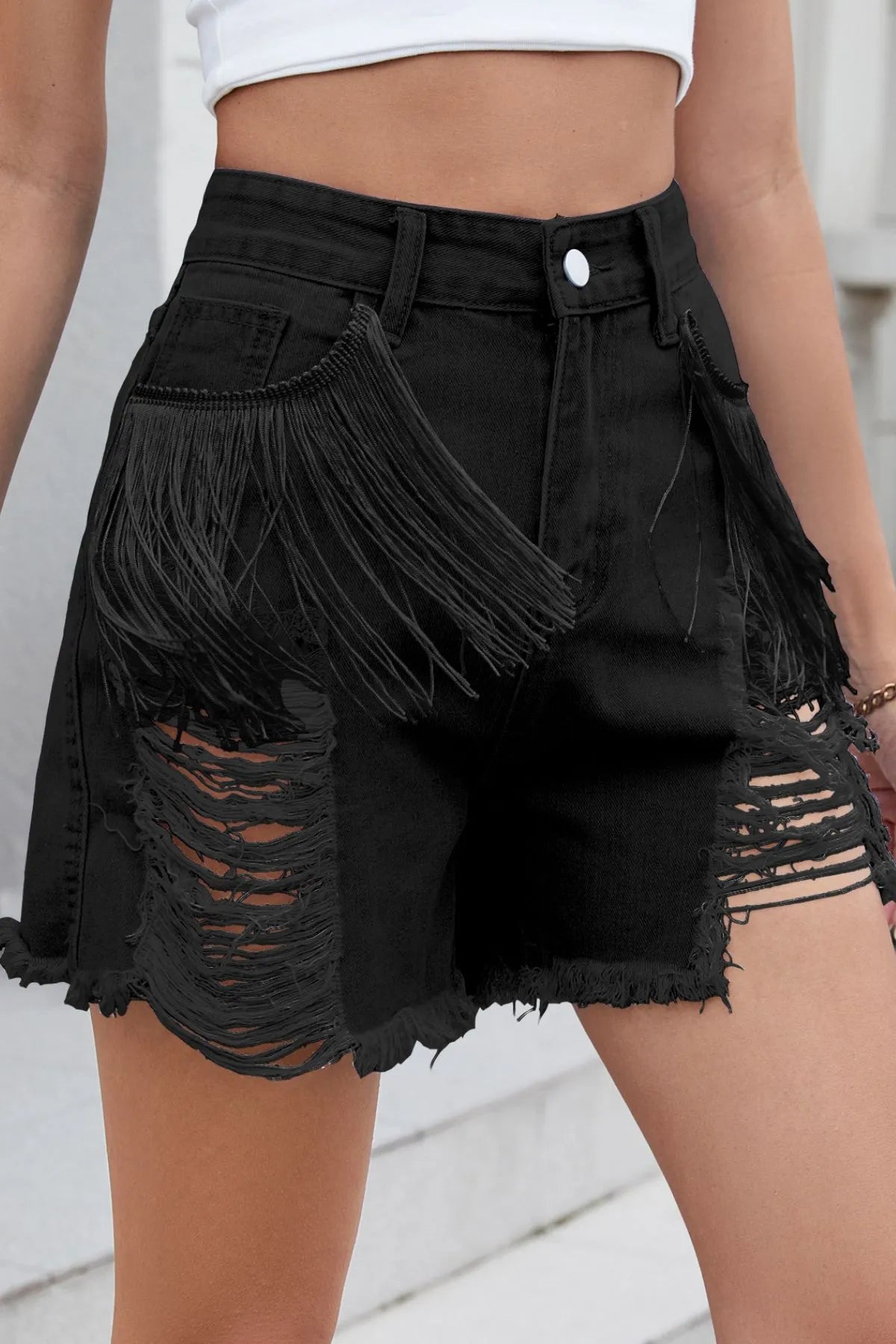 Distressed Fringe Denim Shorts OutfitFlow