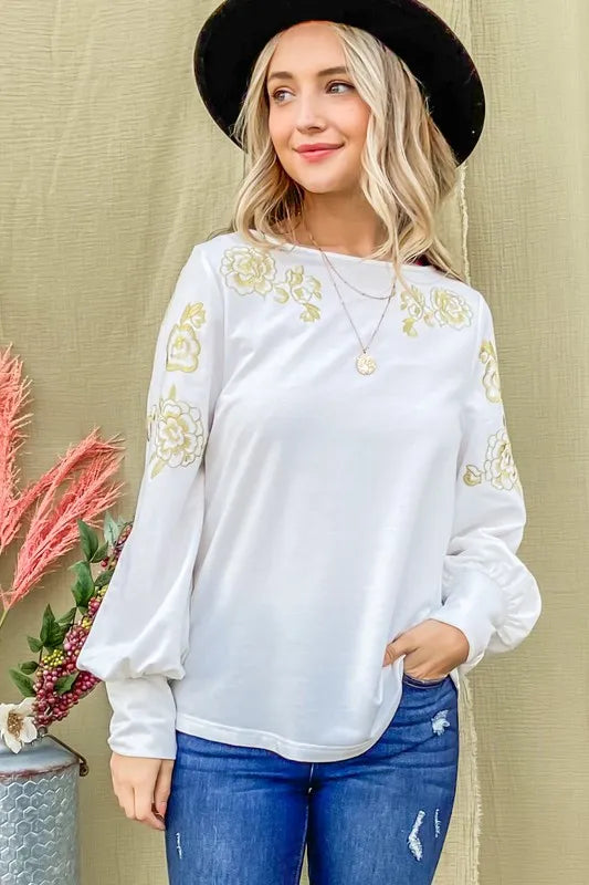 And The Why Flower Gold Embroidery Shoulder Detailed Top OutfitFlow