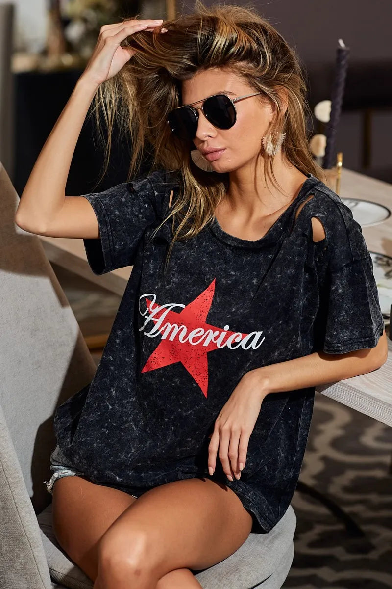 BiBi Laser Cut Mineral Washed Jersey Top with America BLACK CHARCOAL OutfitFlow