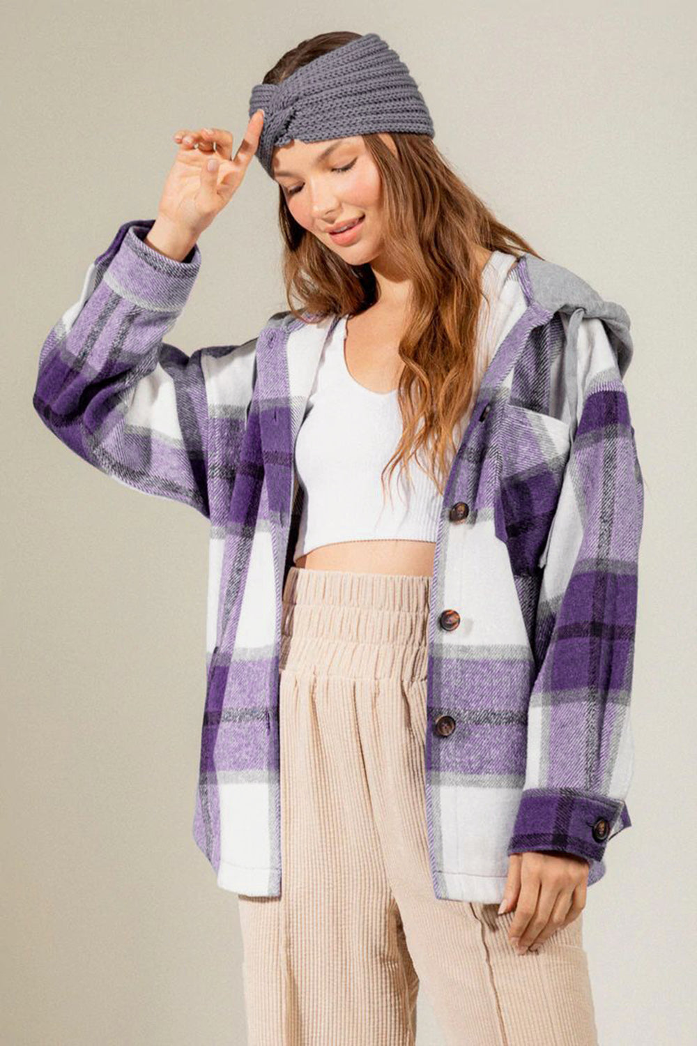 Outfit Flow - Drawstring Plaid Dropped Shoulder Hooded Jacket