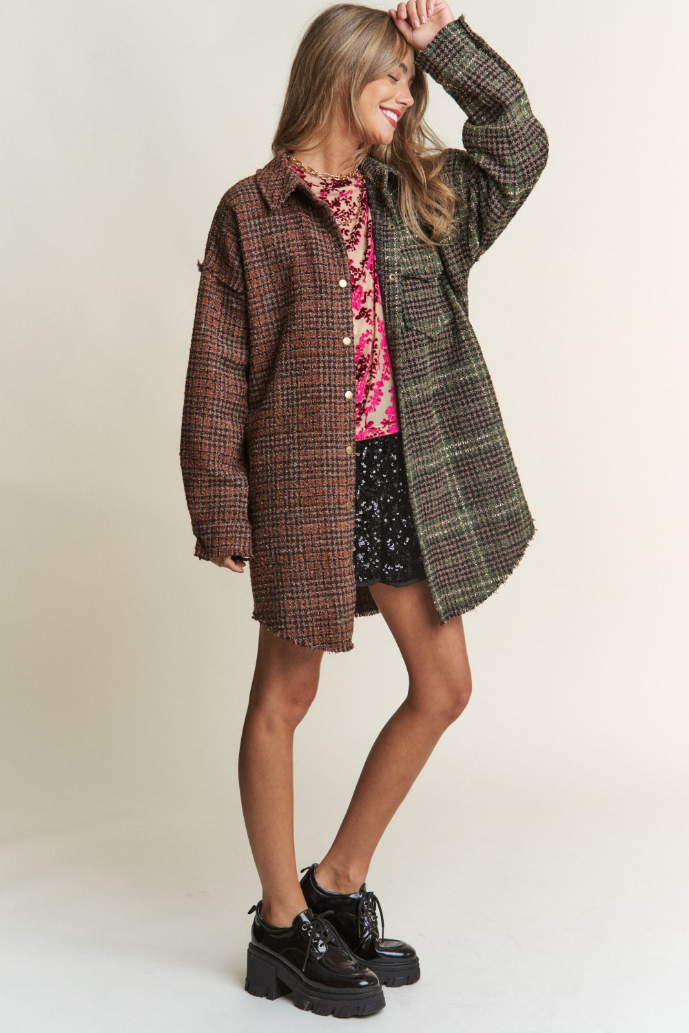 J.NNA Snap Down Tweed Plaid Contrast Longline Jacket